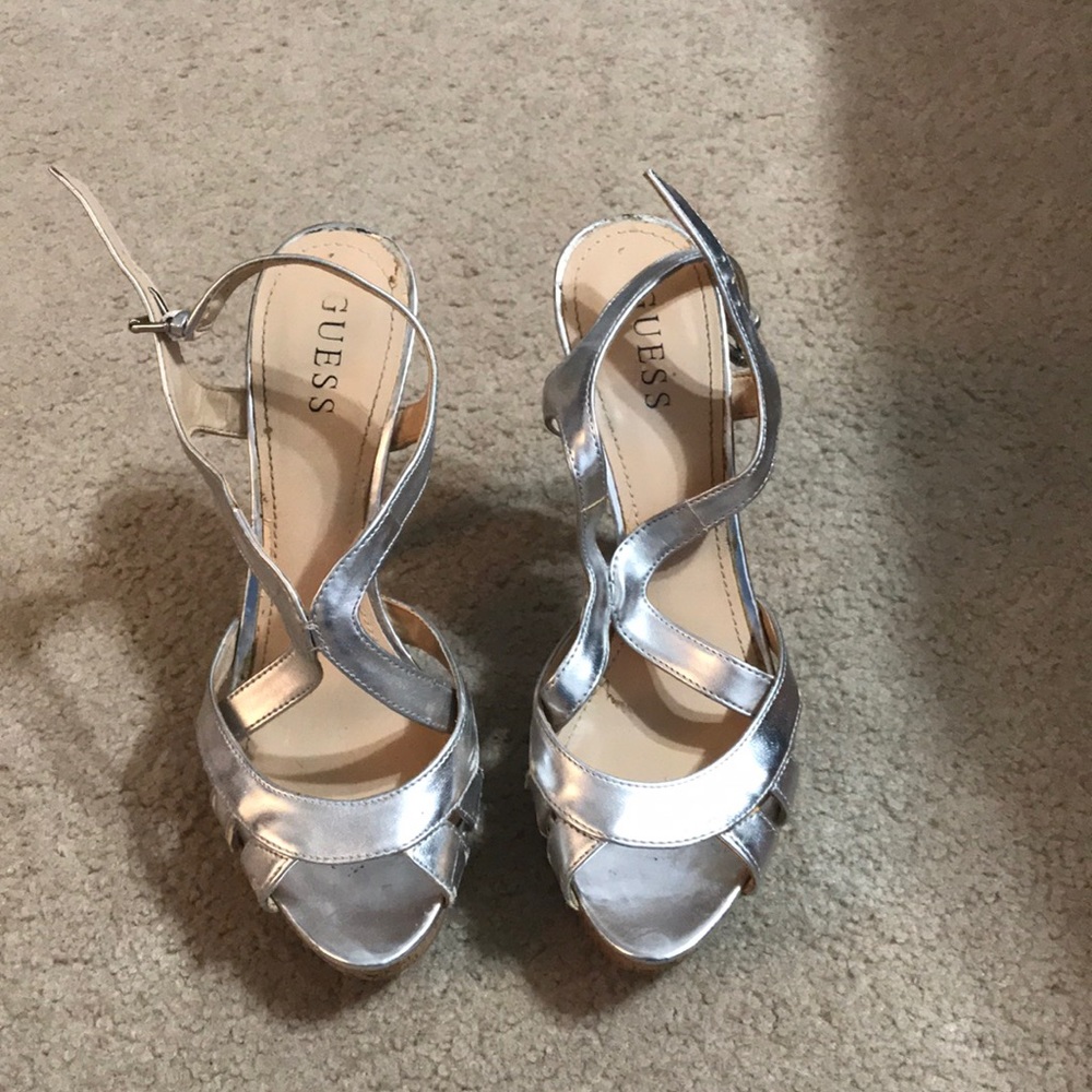 Silver/cork Guess heels.